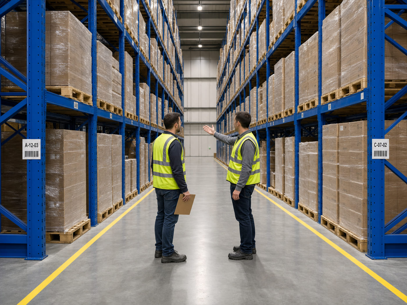 Two warehouse workers in hi-vis vests talking in an aisle between blue pallet racking, one gesturing toward a pallet position